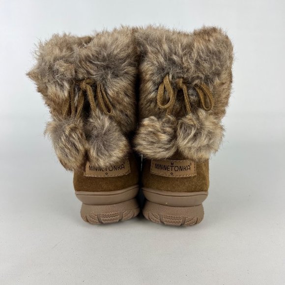 Minnetonka Somerville Womens Brown Suede Ankle Boot Faux Fur Cuff Pom Pom size 8 - Picture 4 of 13